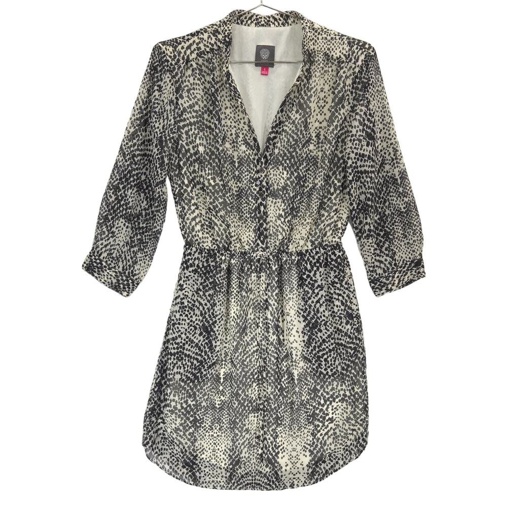 Vince Camuto Dress Womens 4 Gray Geometric Ruched Waist Tie Front Button Lined